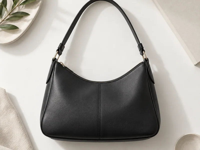 Bolso negro sin marca sobre una mesa clara
