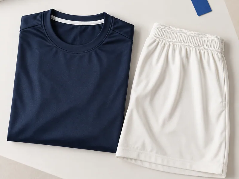 Camiseta deportiva azul y pantalón corto blanco sin marca