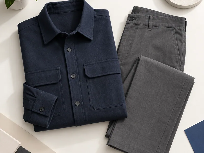 Sobrecamisa azul y pantalón gris sin marca, doblados