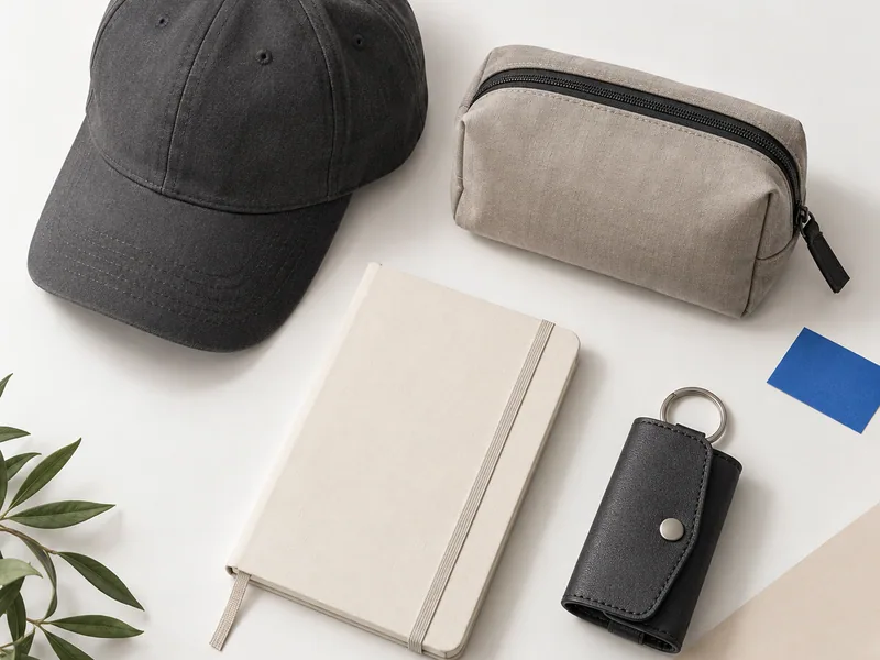 Gorra, estuche, libreta y llavero sin marca