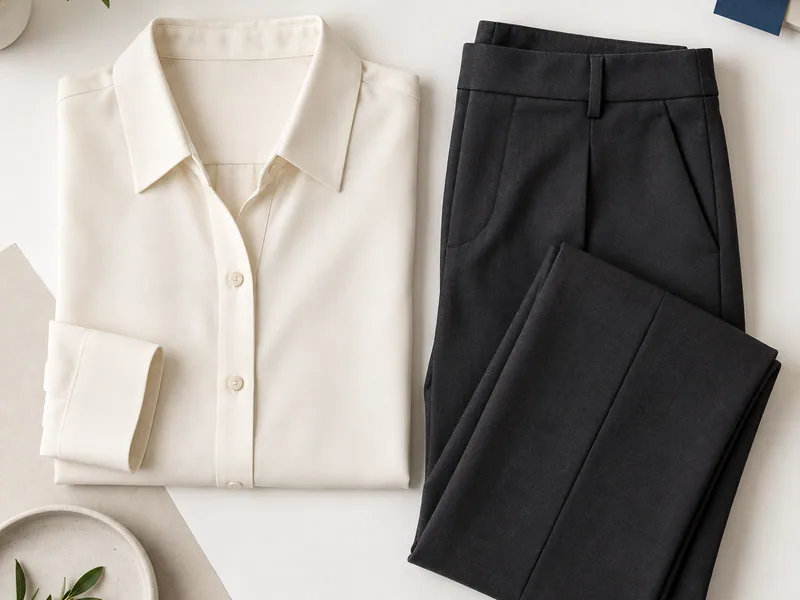 Blusa clara y pantalón negro sin marca, doblados